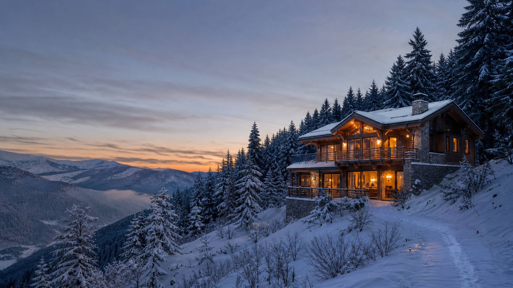 Chalet en bois éclairé au crépuscule dans les montagnes enneigées